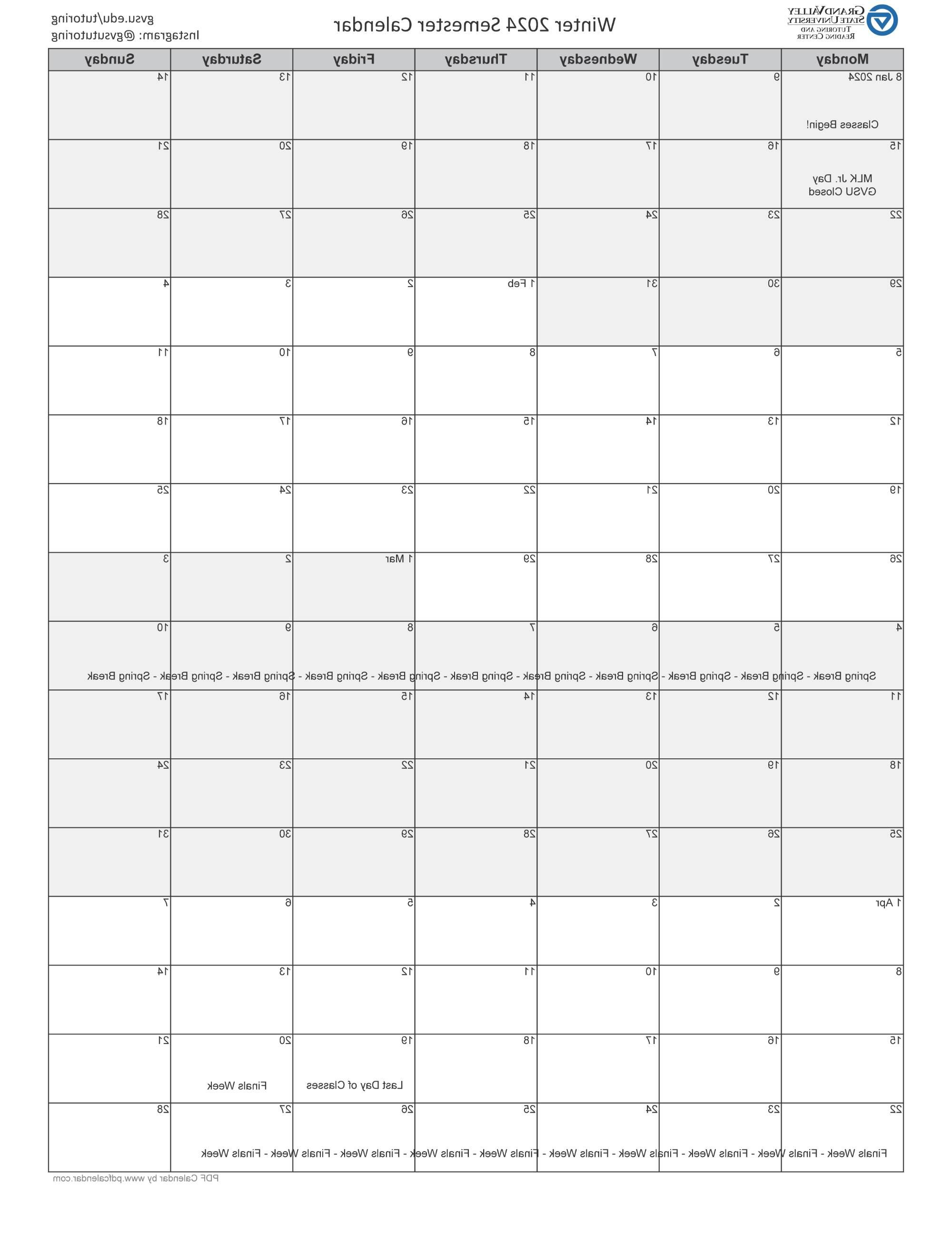 1-page Semester Calendar